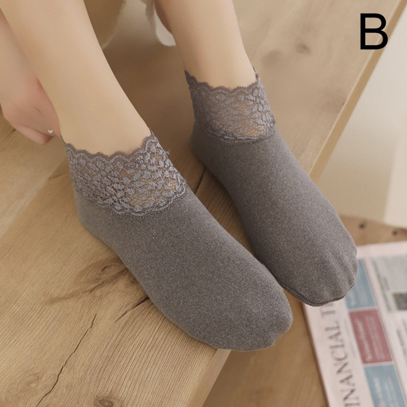 Women Low Lace Tube Thermal Socks Vintage Cute Thick Plus Velvet Warm Home Floor Socks Autumn Winter Anti-slip Sock Slippers