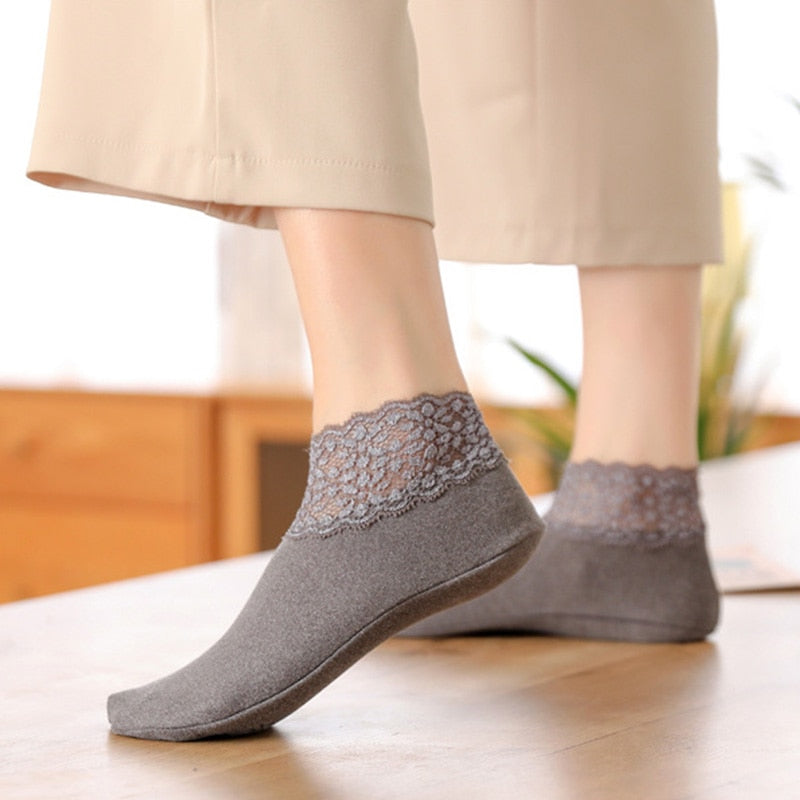 Women Low Lace Tube Thermal Socks Vintage Cute Thick Plus Velvet Warm Home Floor Socks Autumn Winter Anti-slip Sock Slippers