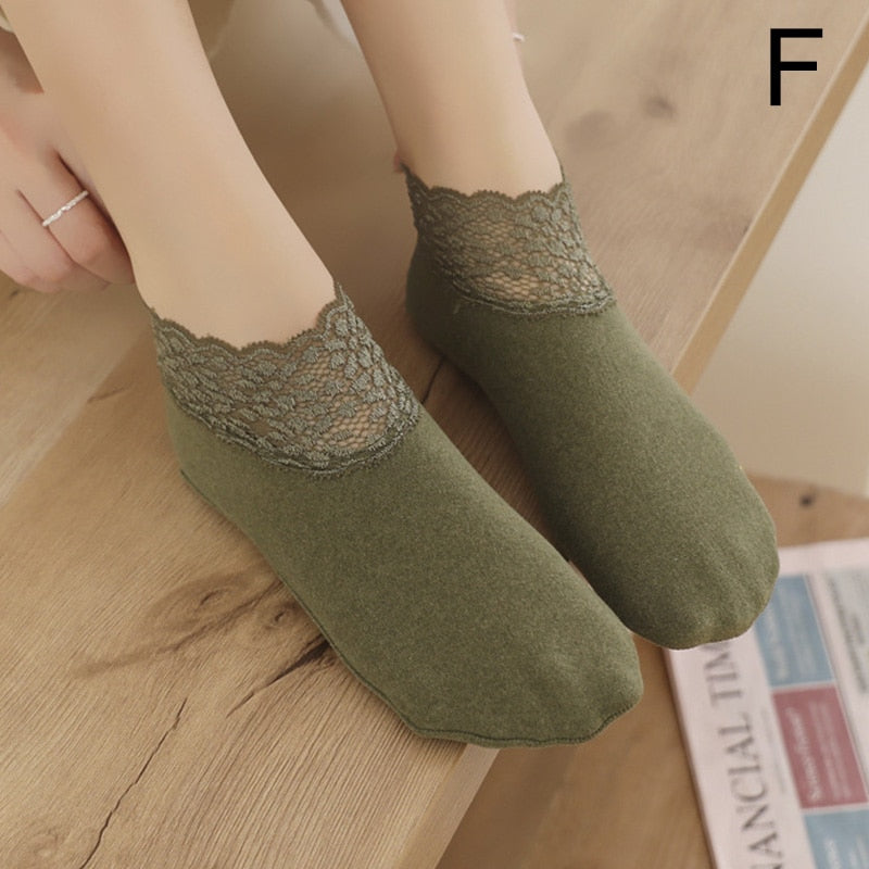 Women Low Lace Tube Thermal Socks Vintage Cute Thick Plus Velvet Warm Home Floor Socks Autumn Winter Anti-slip Sock Slippers