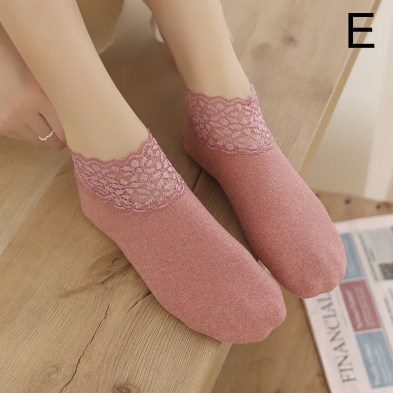 Women Low Lace Tube Thermal Socks Vintage Cute Thick Plus Velvet Warm Home Floor Socks Autumn Winter Anti-slip Sock Slippers