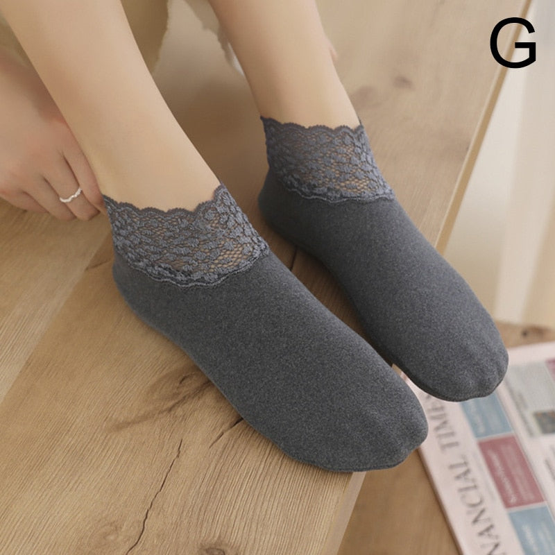 Women Low Lace Tube Thermal Socks Vintage Cute Thick Plus Velvet Warm Home Floor Socks Autumn Winter Anti-slip Sock Slippers
