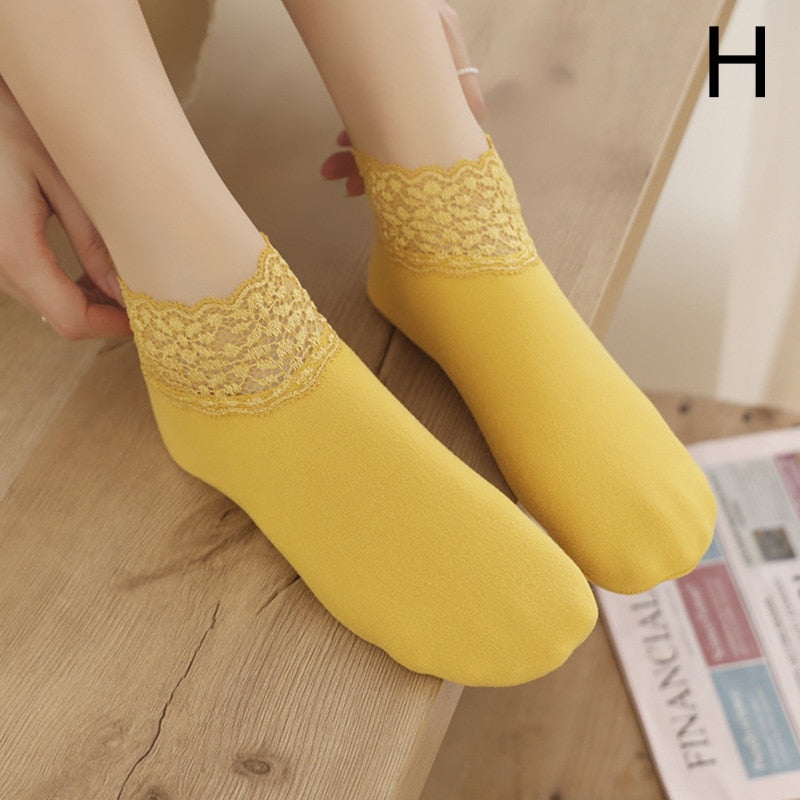 Women Low Lace Tube Thermal Socks Vintage Cute Thick Plus Velvet Warm Home Floor Socks Autumn Winter Anti-slip Sock Slippers